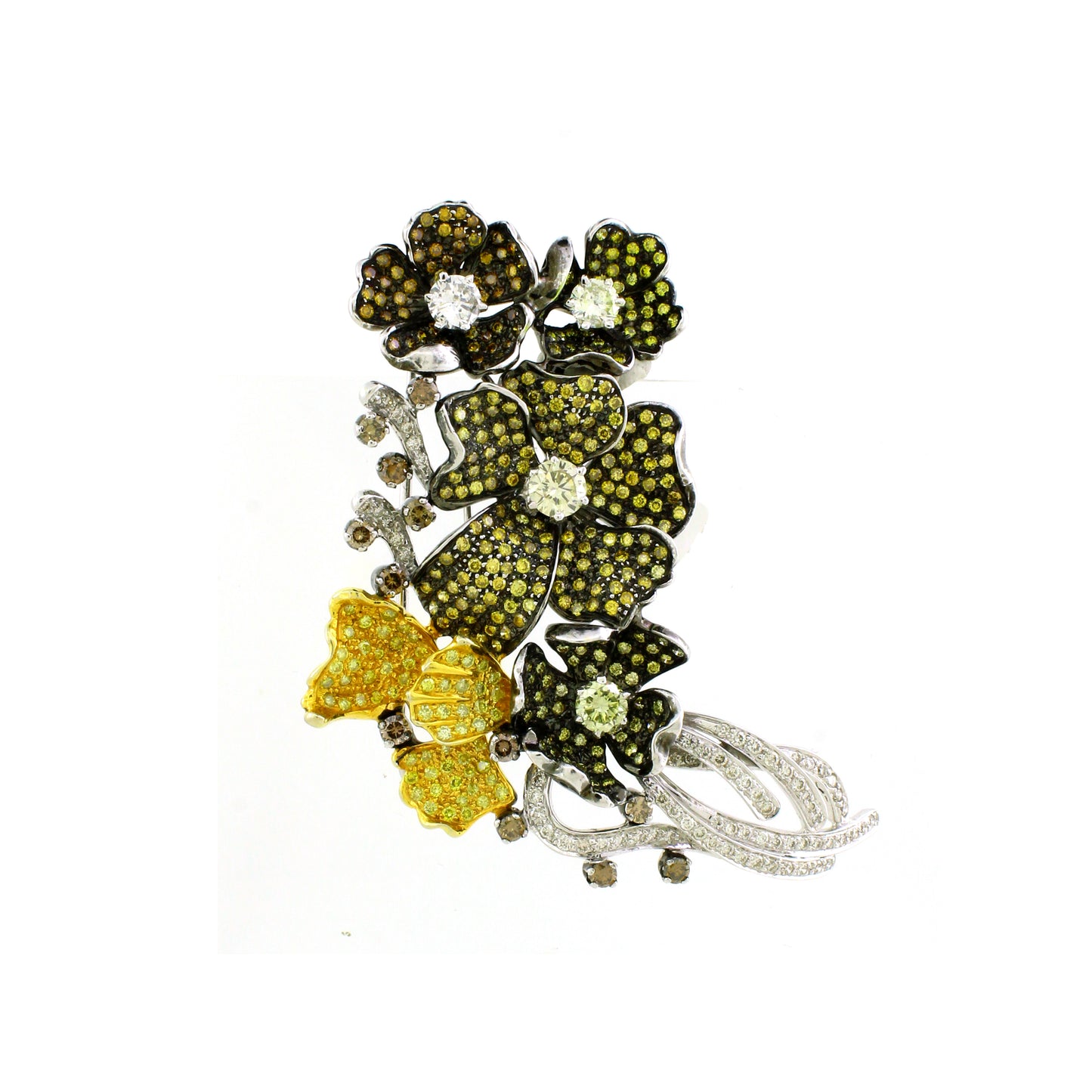 6.03 ct Round Mix Color Diamond Brooch in 18K Gold