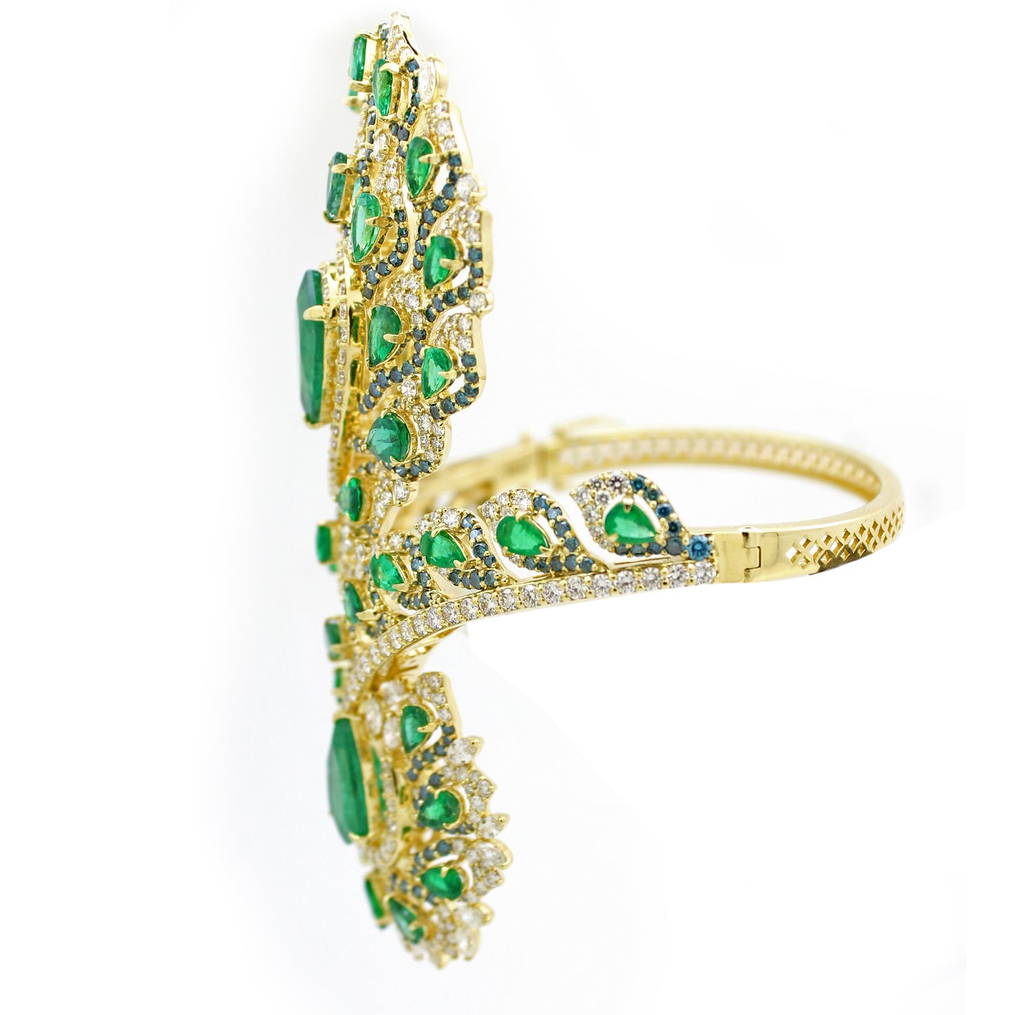 18K Gold Emerald & Diamond Floral Bracelet – Blue & Rose Cut Diamond Statement Design