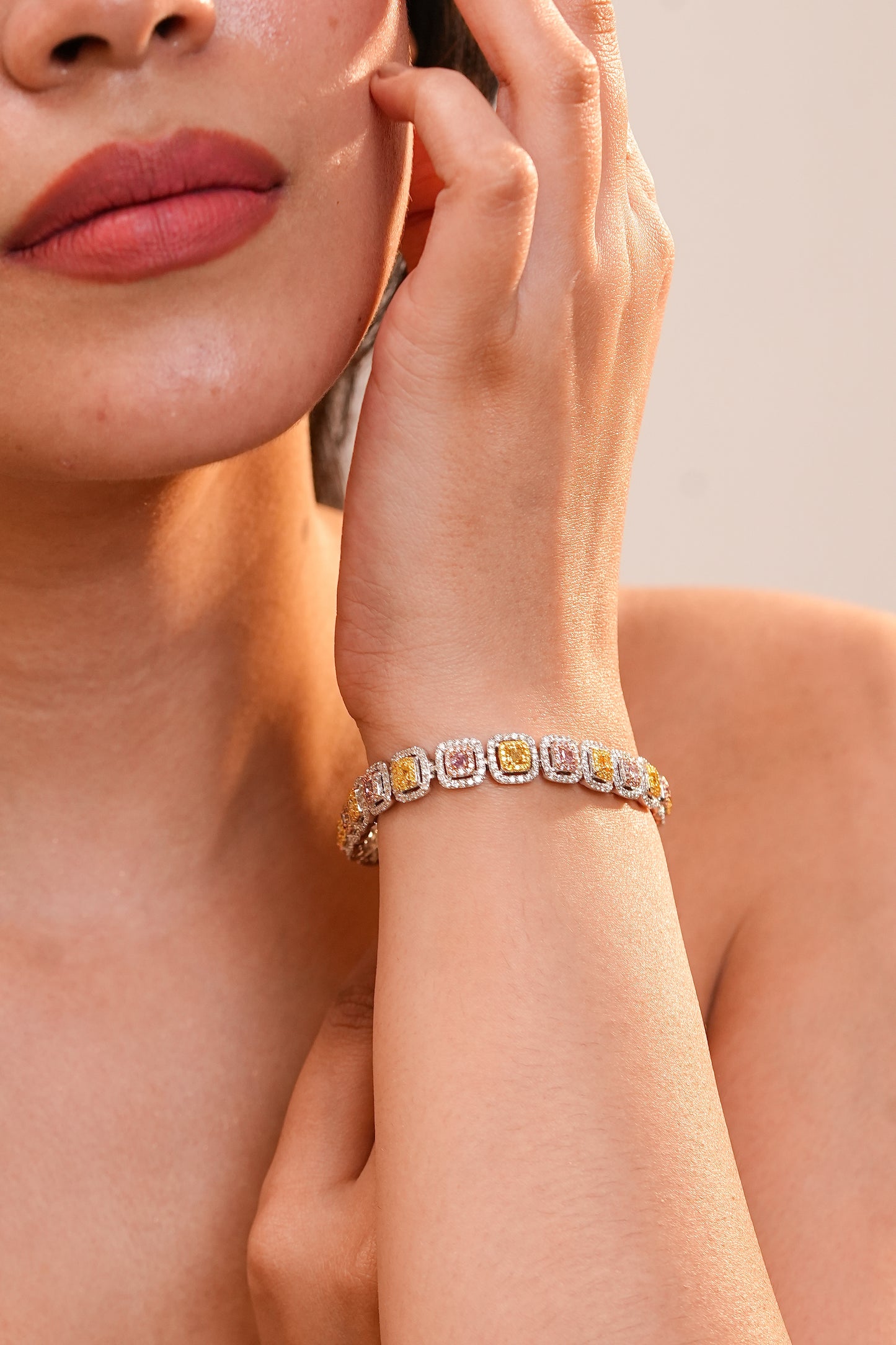 Cushion Shape Pink And Yellow Diamond Bracelet