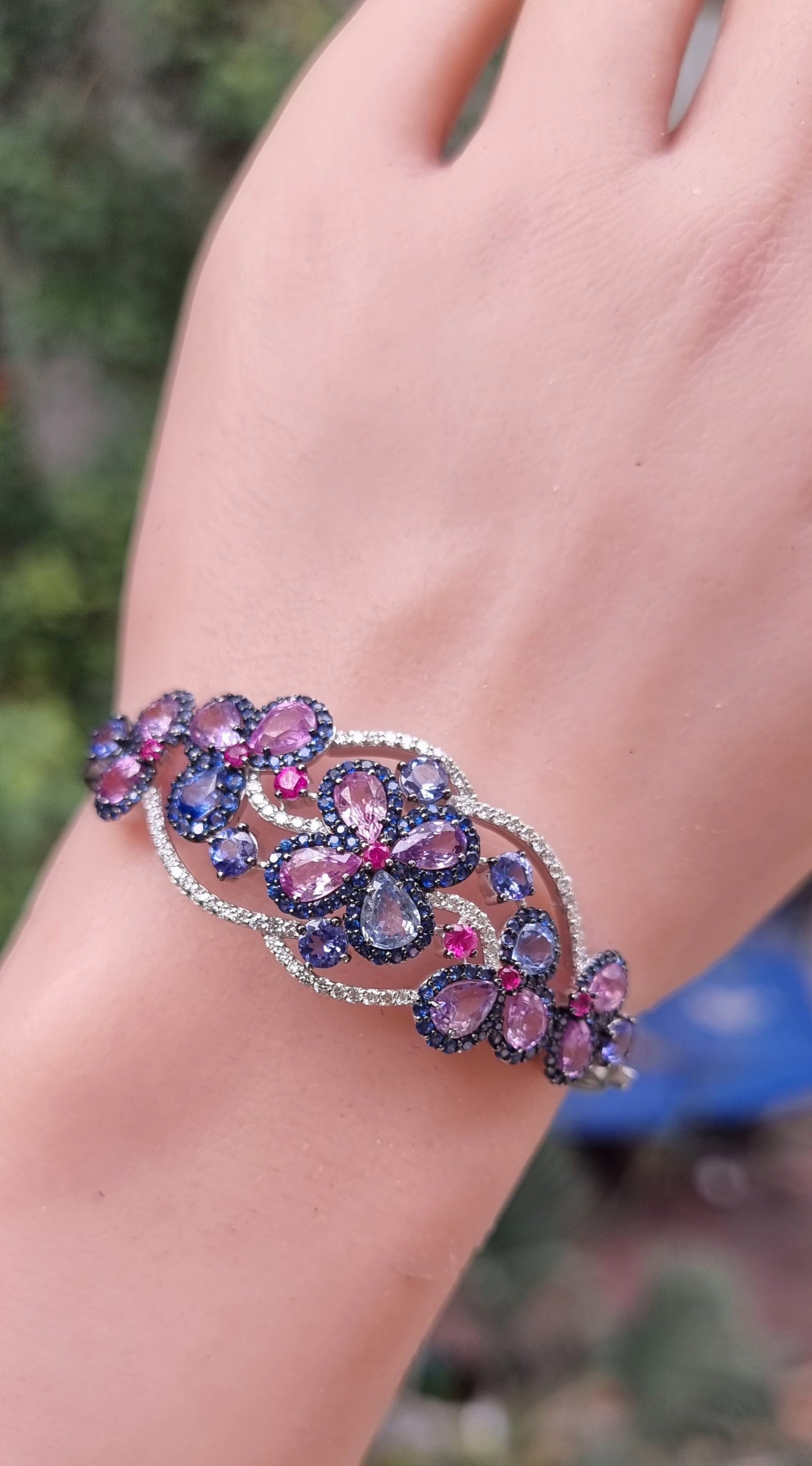18K Floral Sapphire and Tanzanite Cuff Bracelet