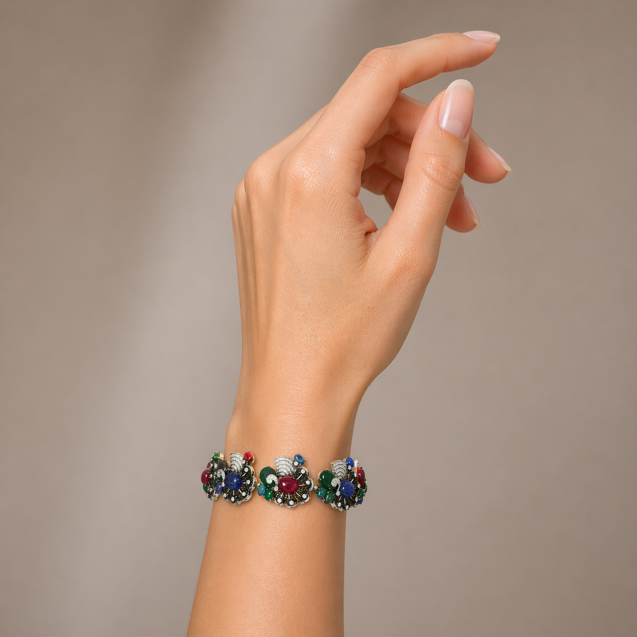 18K White Diamond Sapphire Ruby Emerald Floral Bracelet