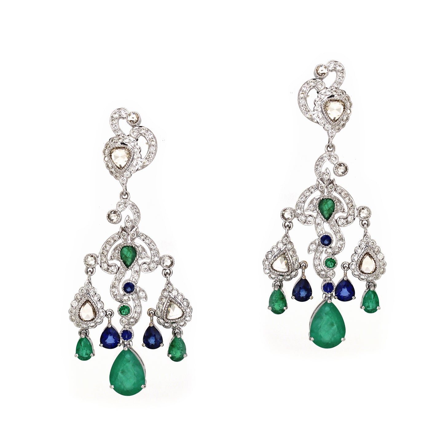 18K Gold Emerald Sapphire Halo Necklace with Rose Cut Diamonds