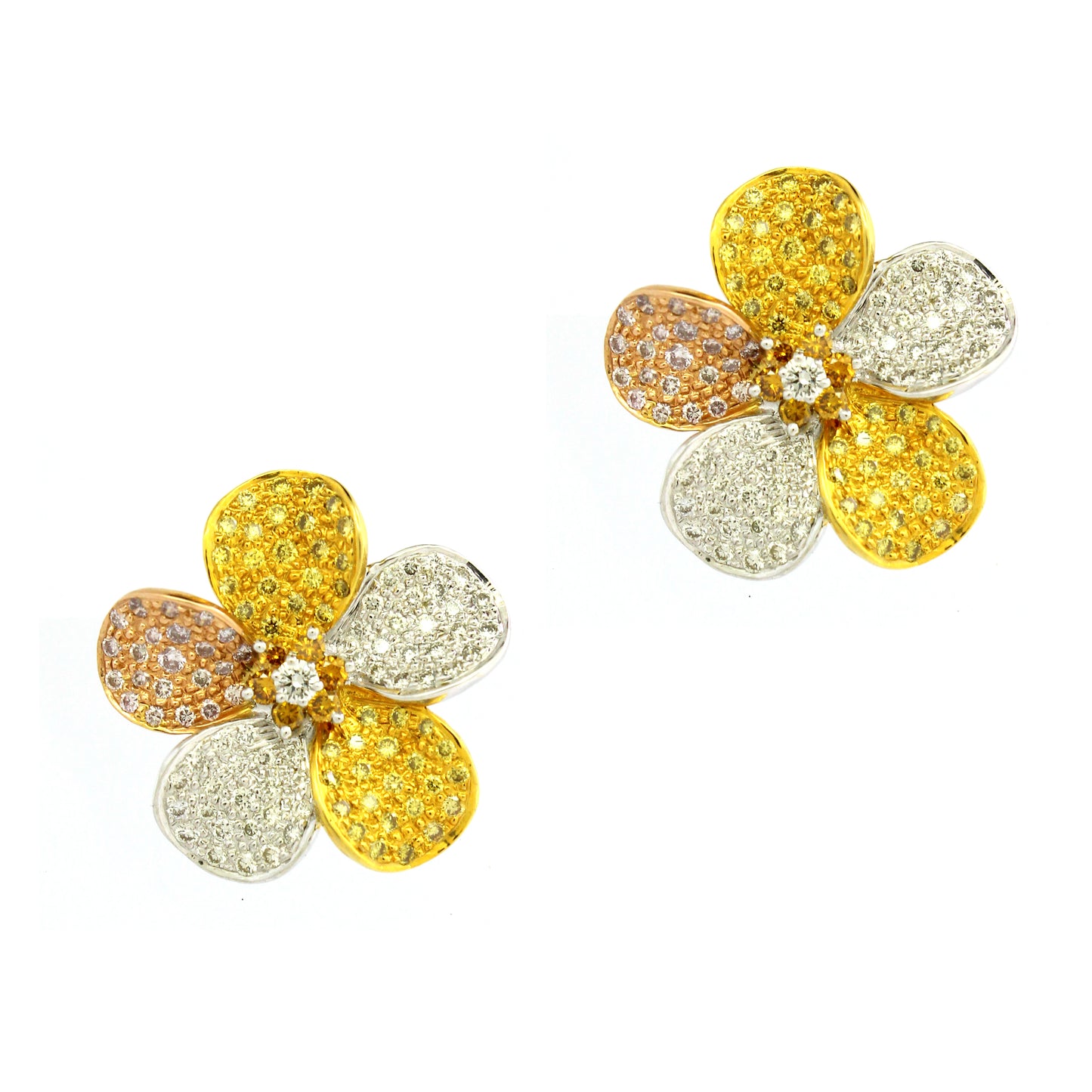 2.4 ct Round White Diamond with Pink Yellow and Brunt Orange Diamond Earrings in 18K Gold