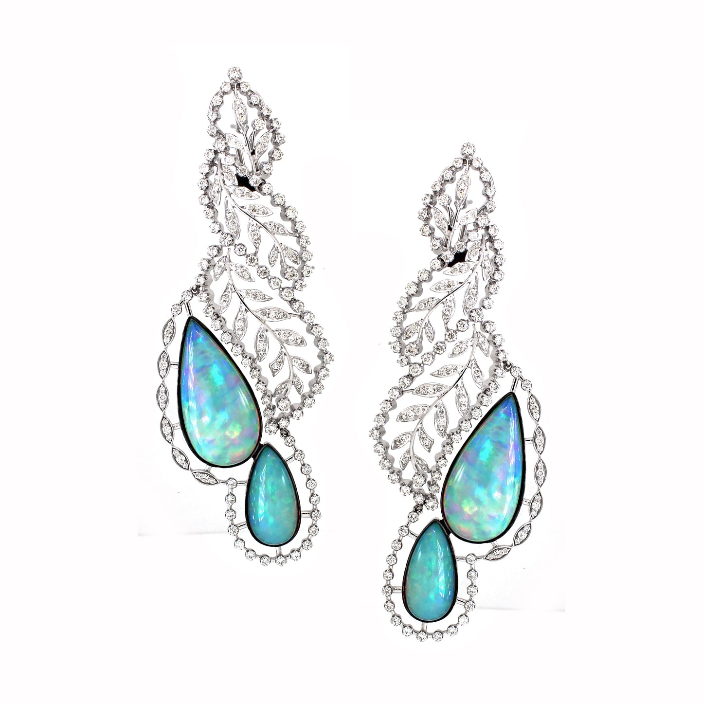 18K Gold White Diamond Floral Necklace with Opal Centerpiece