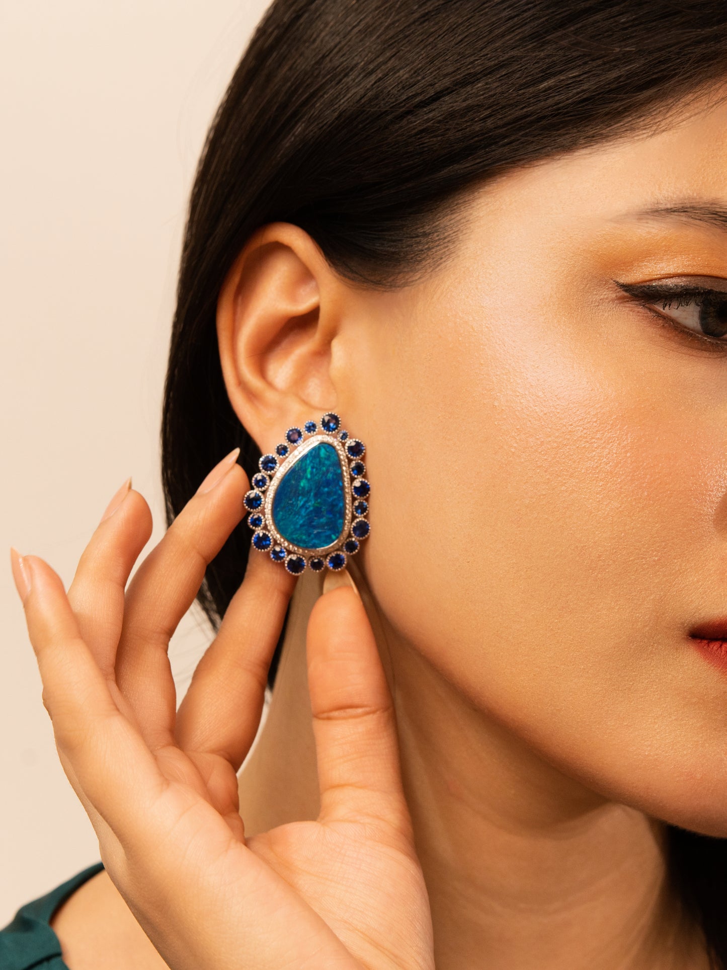 0.79 ct Pear Opal with Sapphire and White Diamond Earrings in 18K Gold