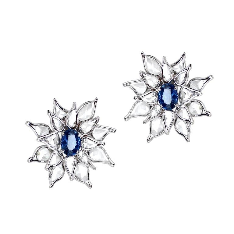 5.49 ct Oval Sapphire with Rose Cut Diamond Earrings in 18K Gold