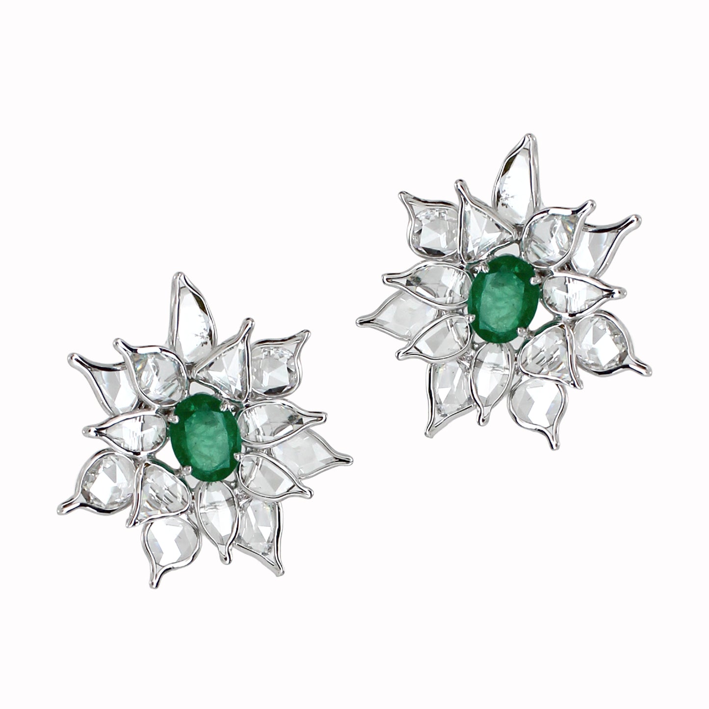 4.20 ct Oval Emerald with Rose Cut Diamond Earrings in 18K Gold