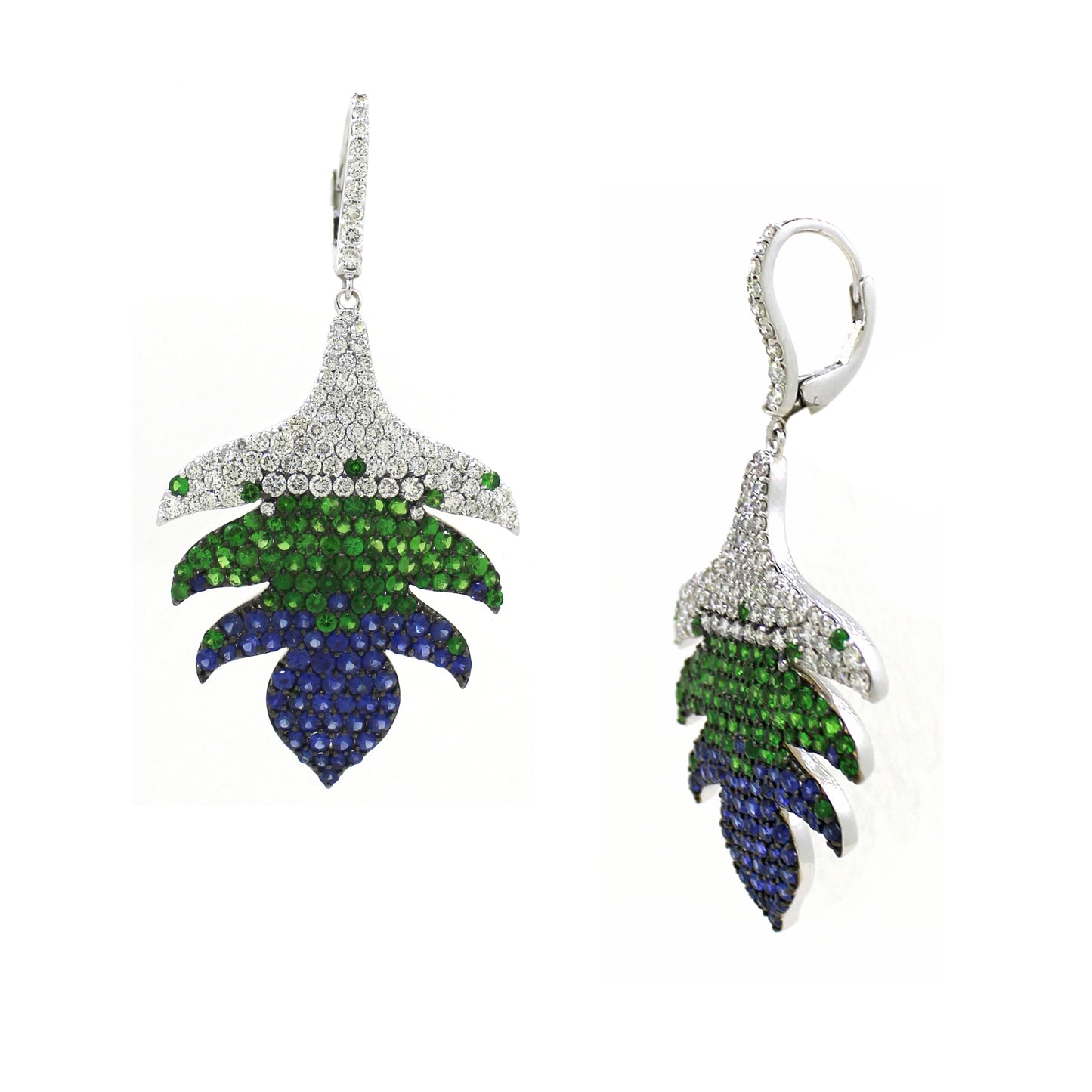2.43 ct Round White Diamond with Tsavorite and Sapphire Earrings in 18K Gold