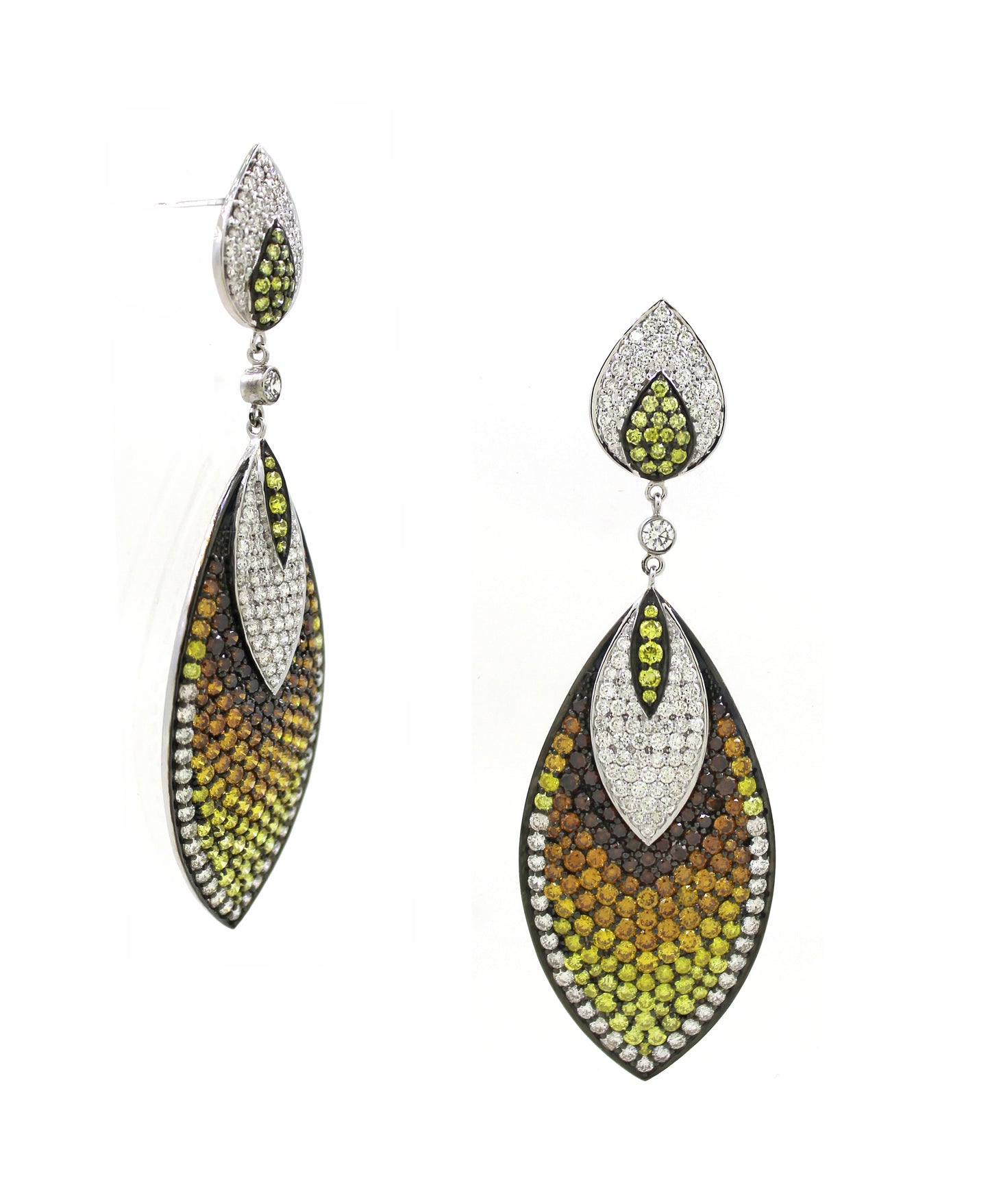 8.27 ct Round White Diamond with Canary and Burnt Orange Diamond Earrings in 18K Gold