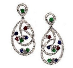 1.3 ct Pear White Diamond with Emerald Ruby Sapphire Earrings in 18K Gold