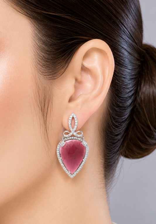 0.61 ct Pear Rhodolite with White Diamond Earrings in 18K Gold