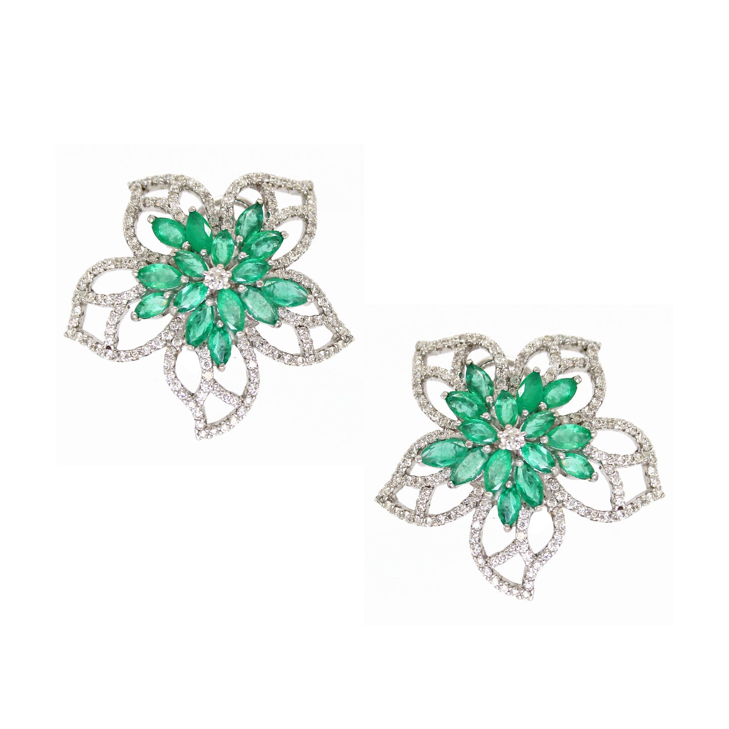 2.19 ct Round Diamond with Marquise Emerald Earrings in 14K Gold