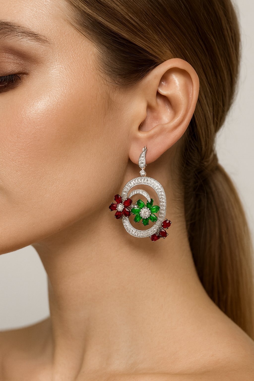 18K Gold Sapphire Tsavorite Cluster Earrings with White Diamond