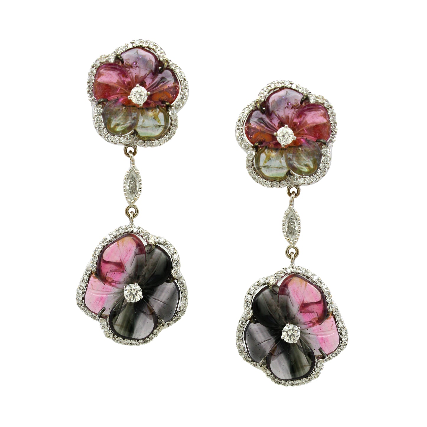 1.35 ct Flower Tourmaline with Marquise and White Diamond Earrings in 18K Gold