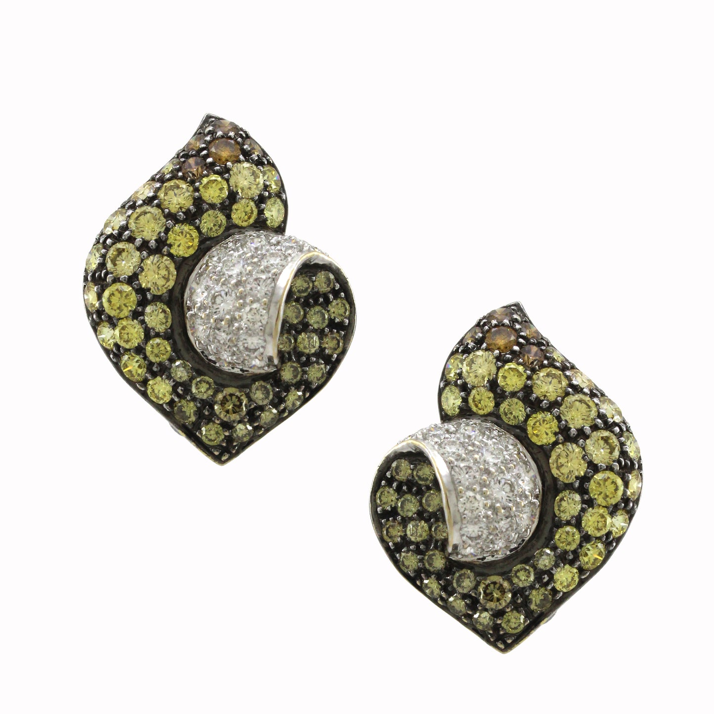 6.89 ct Round White Diamond with Canary and Brunt Orange Diamond Earrings in 18K Gold