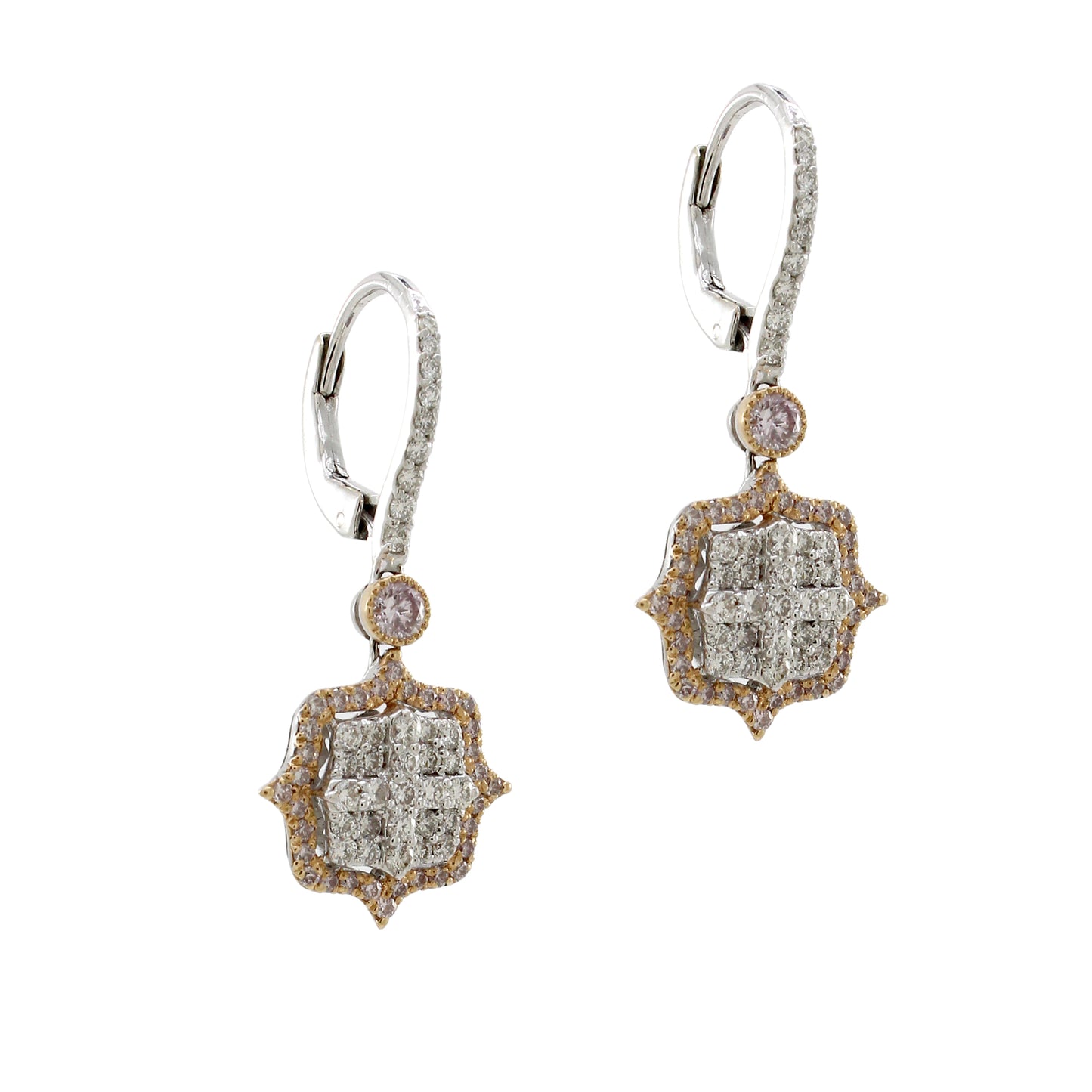 1.45 ct Round White and Pink Diamond Earrings in 18K Gold