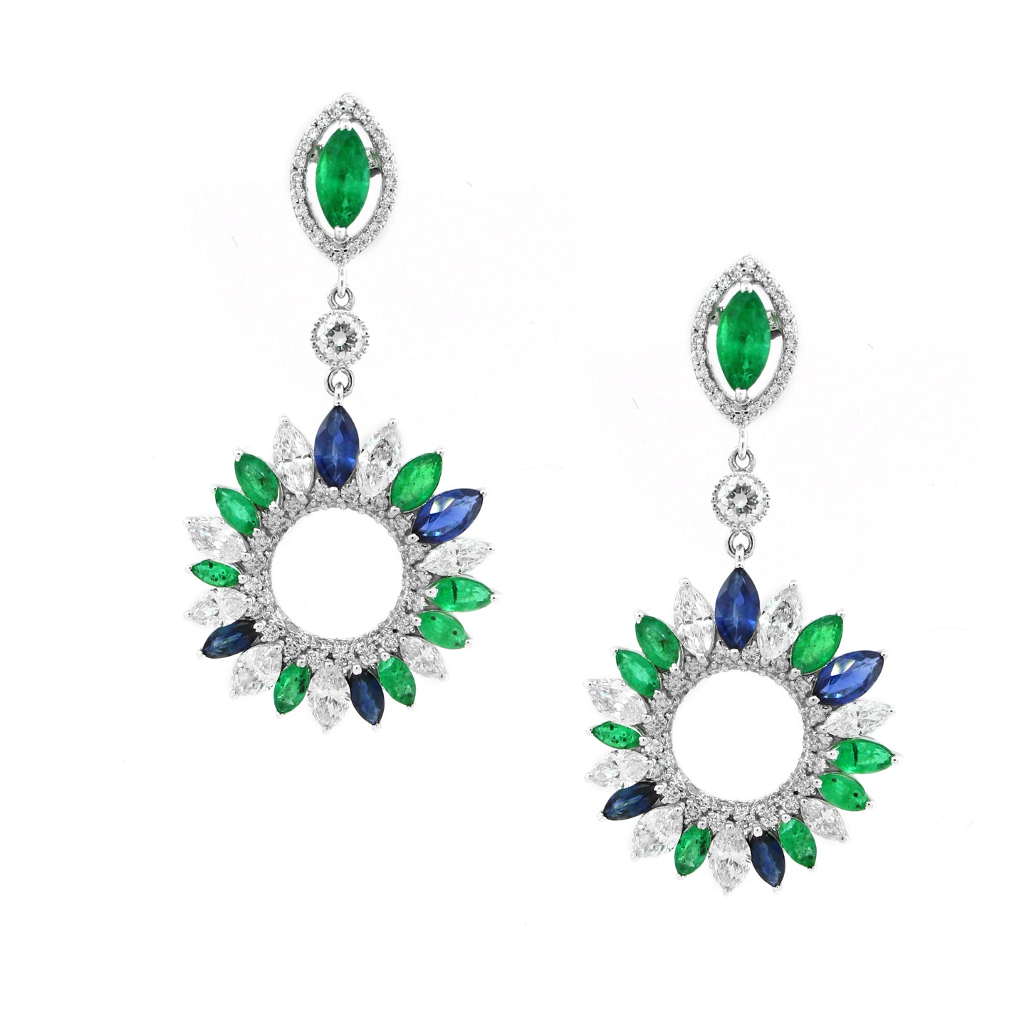 3.24 ct Marquise Emerald with Sapphire and White Diamonds Earrings in 18K Gold