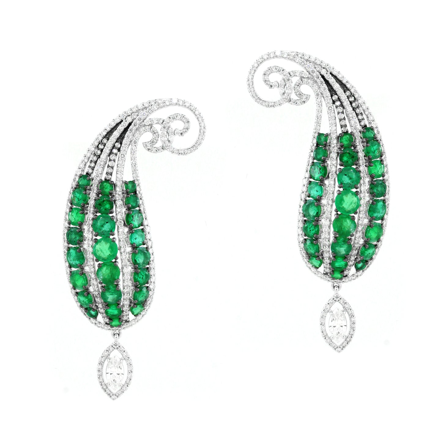 3.05 ct Oval Emerald with White and Marquise Diamond Earrings in 18K Gold
