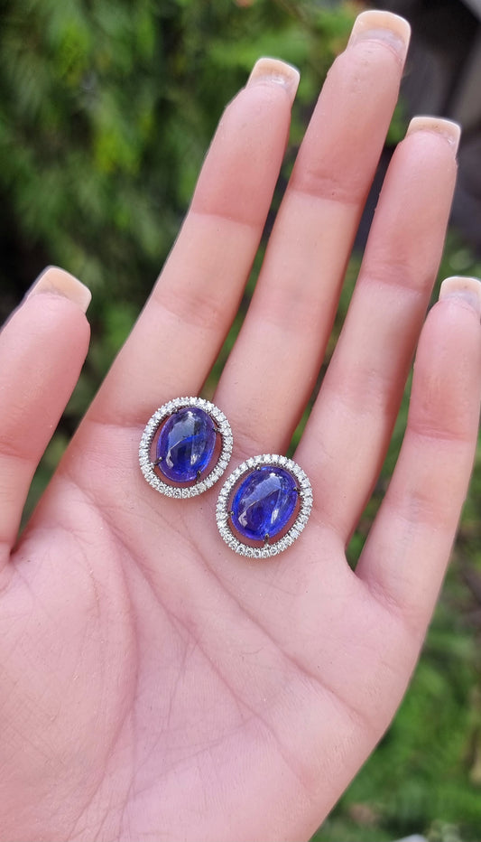 0.75 ct Oval Tanzanite with White Diamond Earrings in 18K Gold