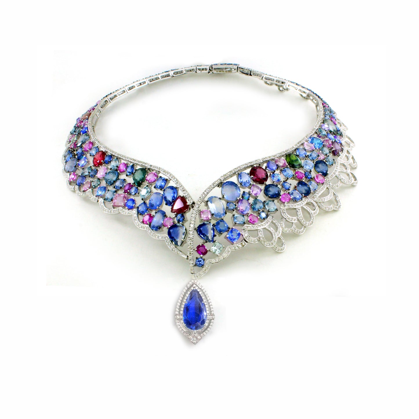 18K White Gold Multi color Sapphire Diamond Drop Necklace Pear Center