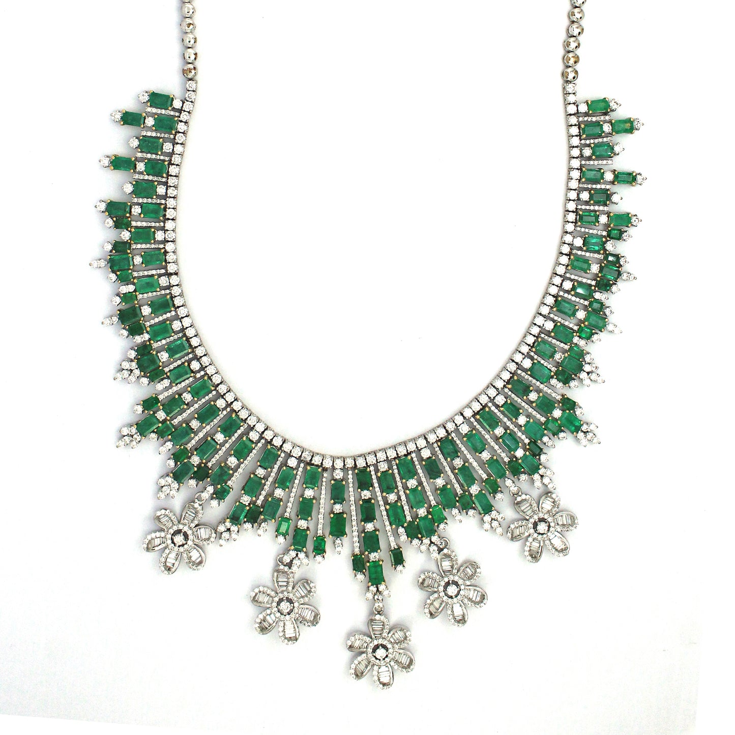 18K Gold Emerald Floral Necklace with White Diamonds