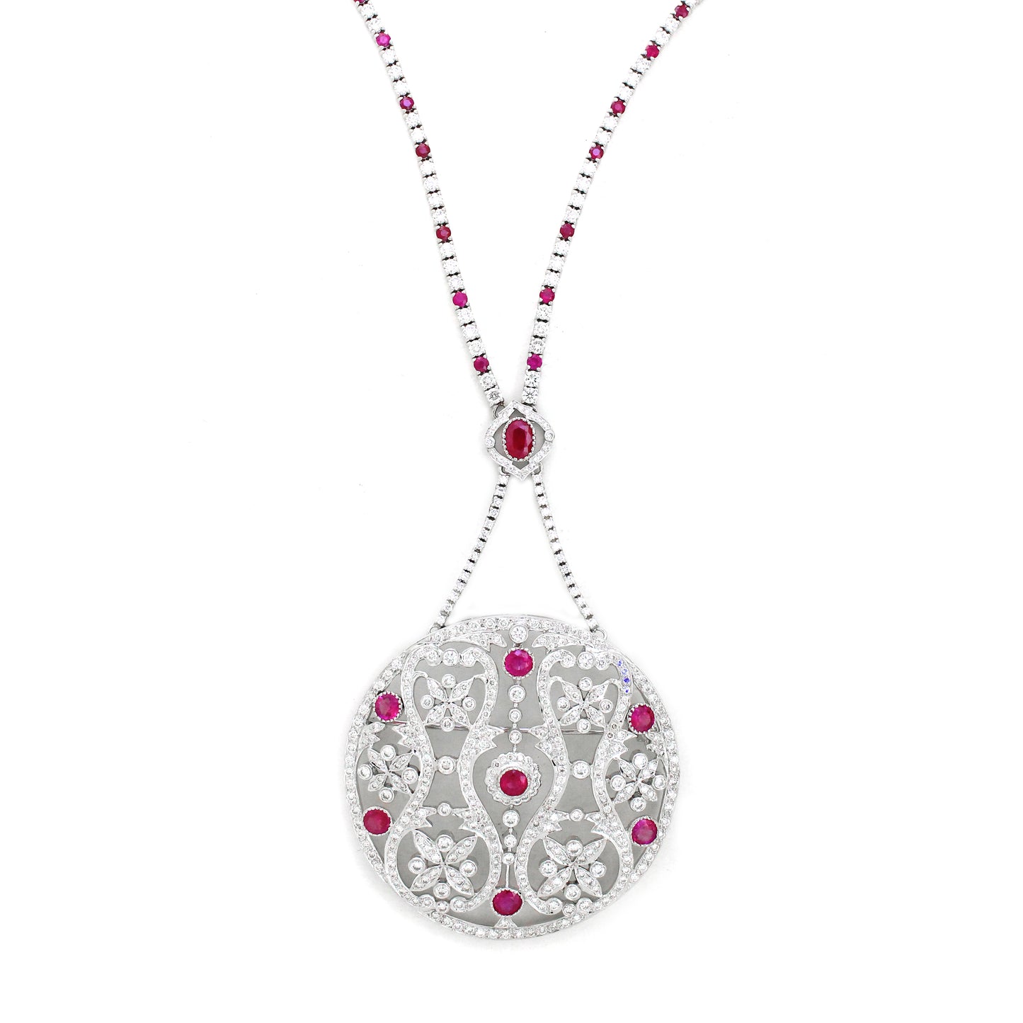 18K White Gold Ruby Diamond Filigree Necklace with Oval Center