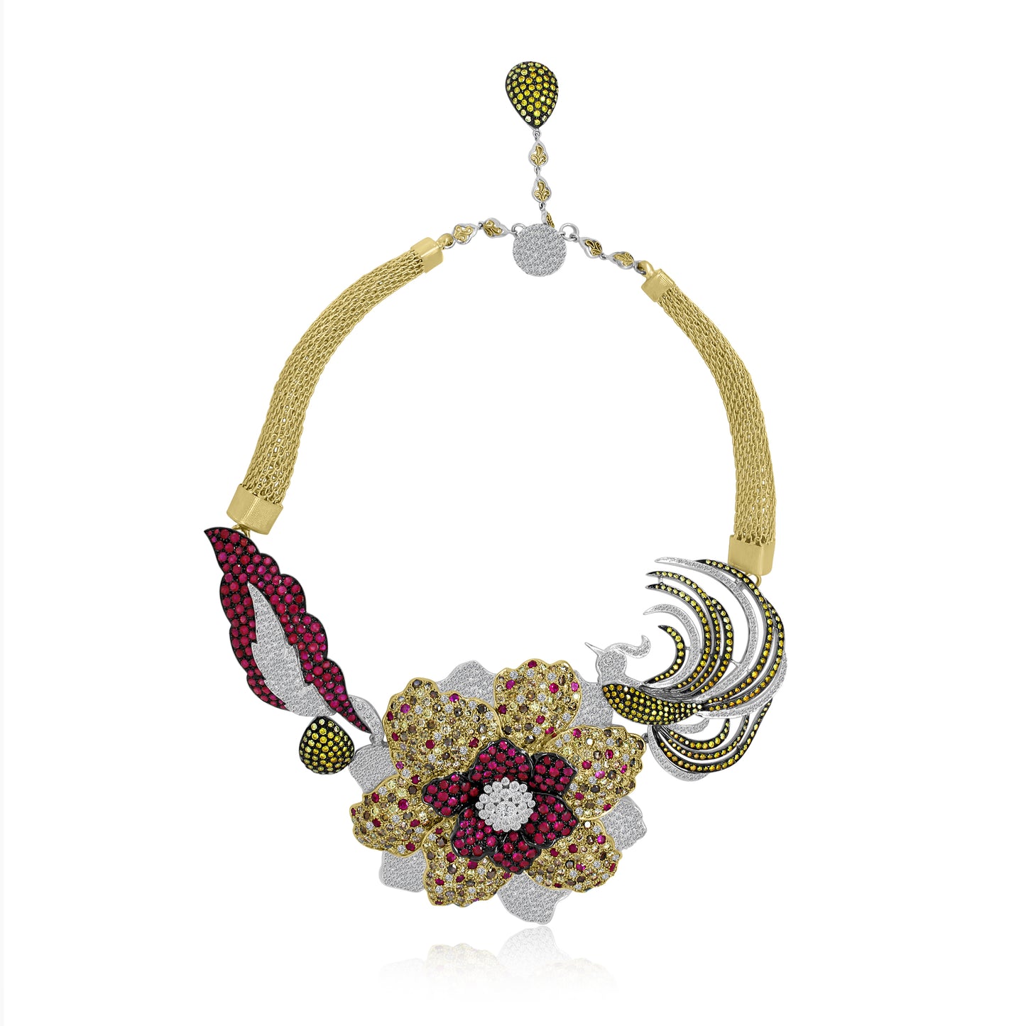 18K Gold Ruby and Fancy Color Diamonds Floral Necklace