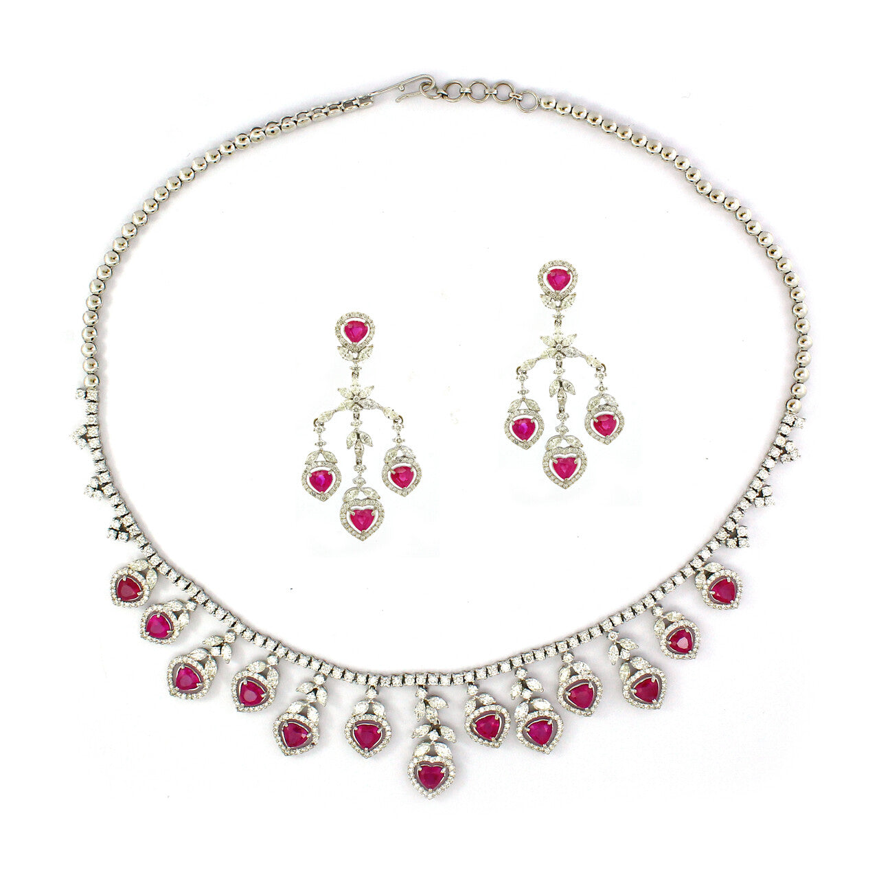 14K White Gold Ruby Halo Necklace Set with White Diamonds