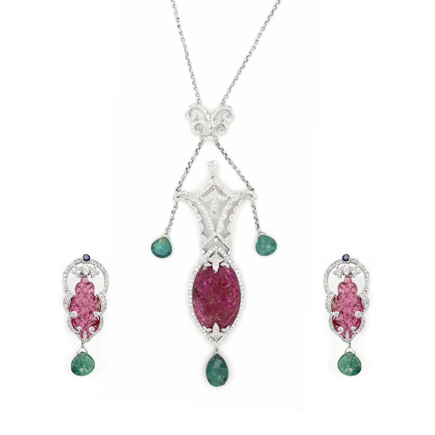 18K Gold Tourmaline Floral Necklace Set with White Diamonds