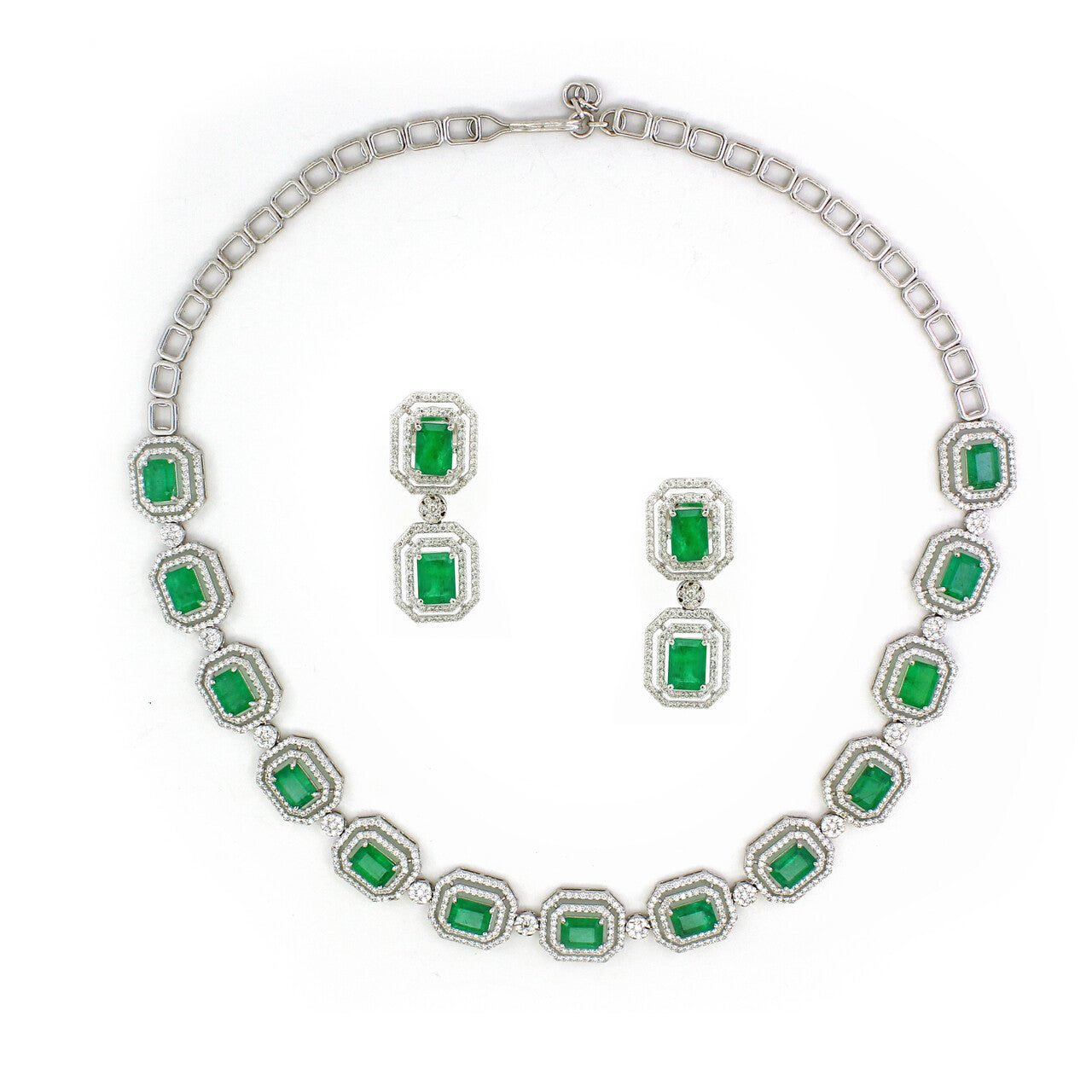 14K White Gold Emerald Necklace Set with White Diamonds