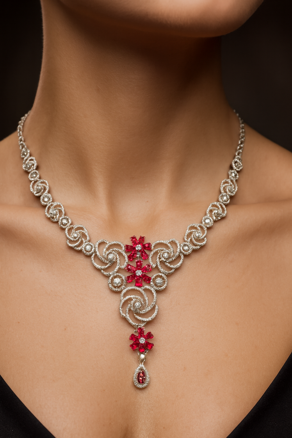 14K White Gold Ruby Floral Necklace Set with White Diamonds