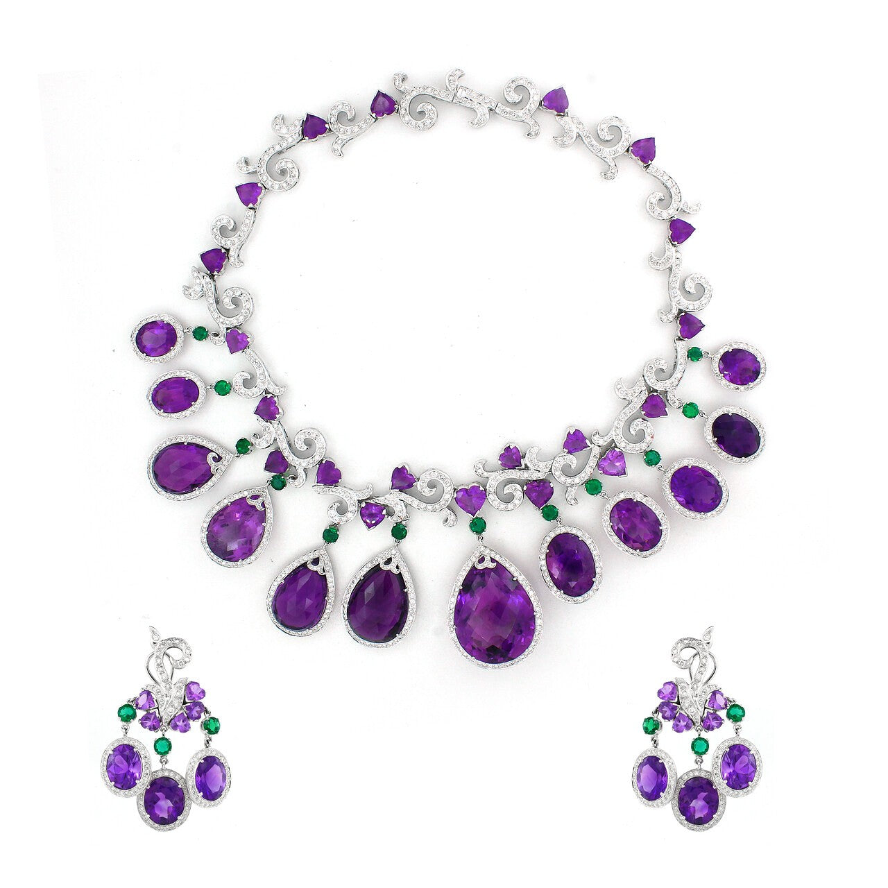 18K White Gold Amethyst Cluster Necklace with Emeralds and Diamond