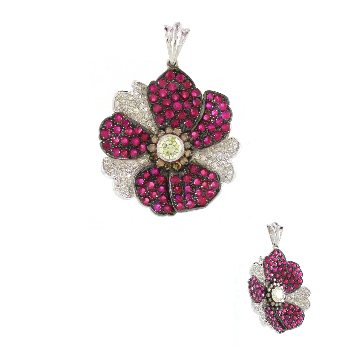 1.2 ct Round Ruby with White, Top Light Cape and Brown Diamond Pendant in 18K Gold
