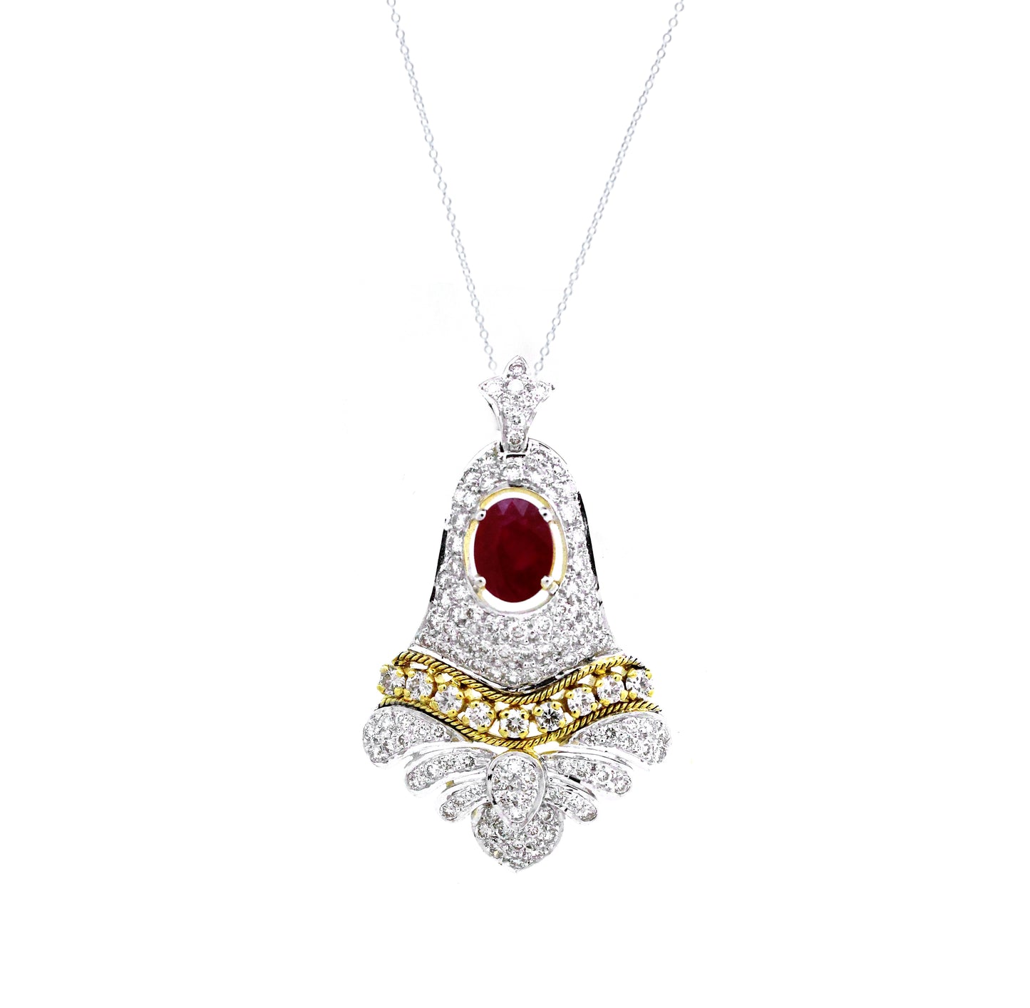 18K Gold Ruby and White Diamond Modern Pendant oval 9.49g