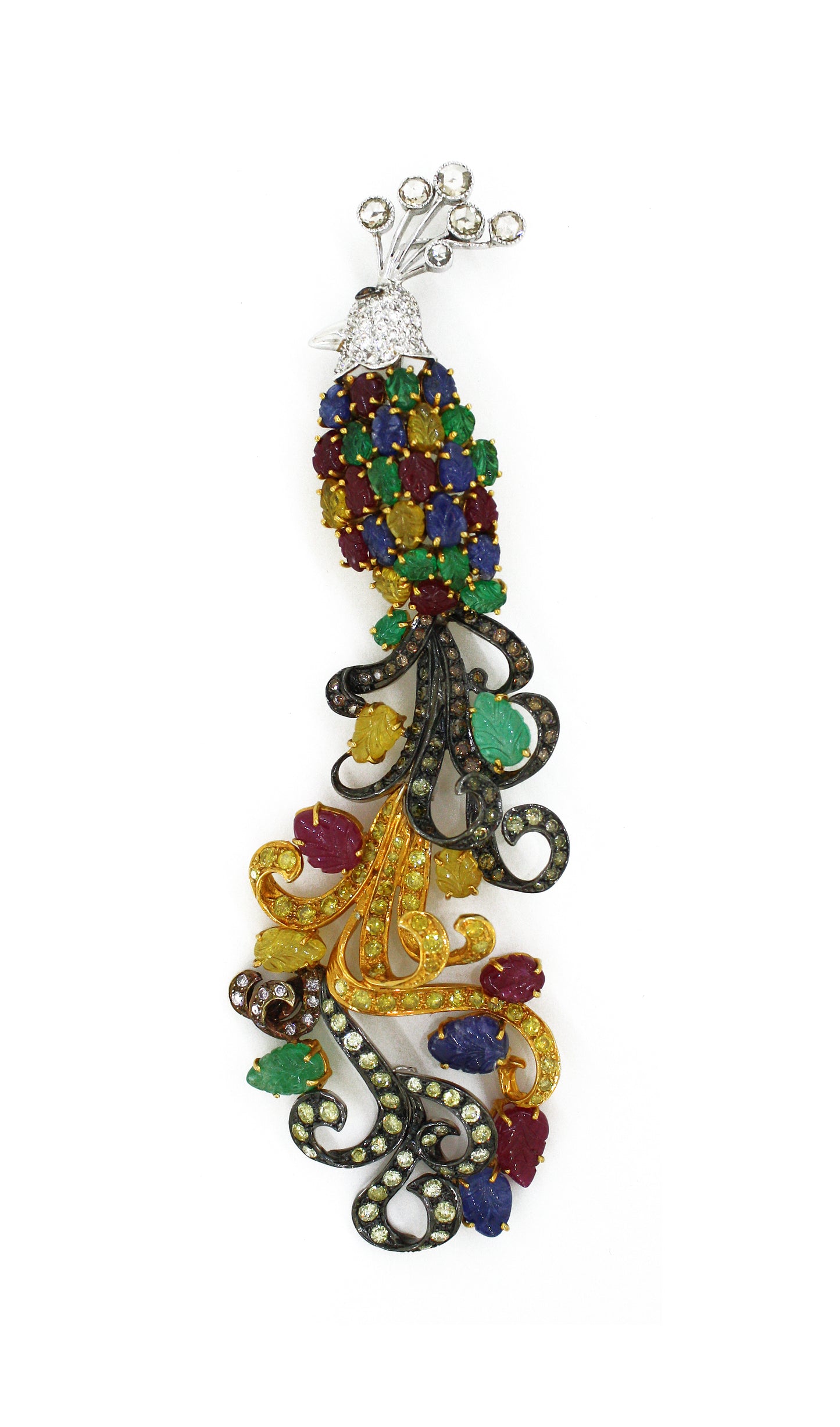 6.46 ct Round Mix Color Diamond with Leaf Carved Mix Color Diamond Pendant in 18K Gold