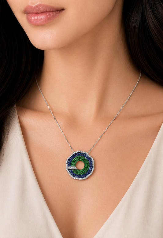 0.72 ct Round Tsavorite with Sapphire and White Diamond Pendant in 18K Gold