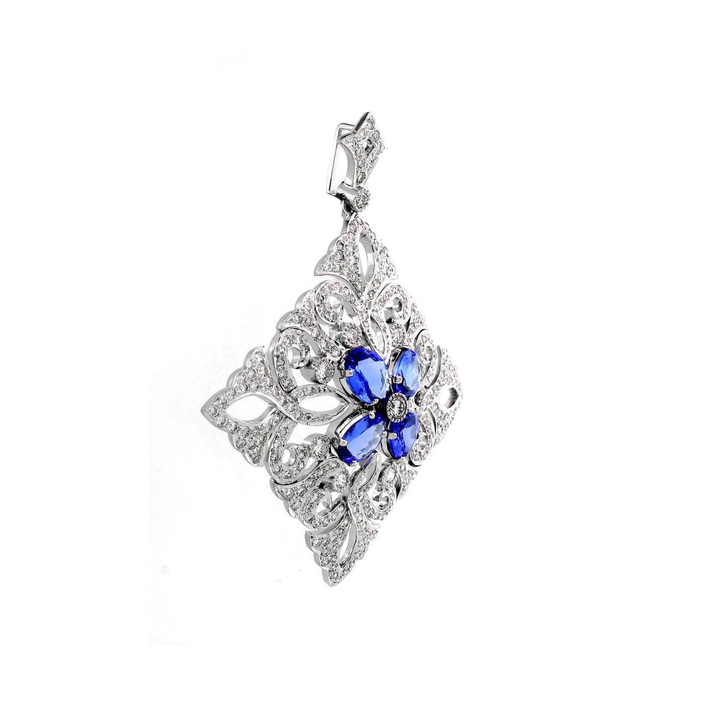 18K White Gold Sapphire Floral Pendant oval 12.41g