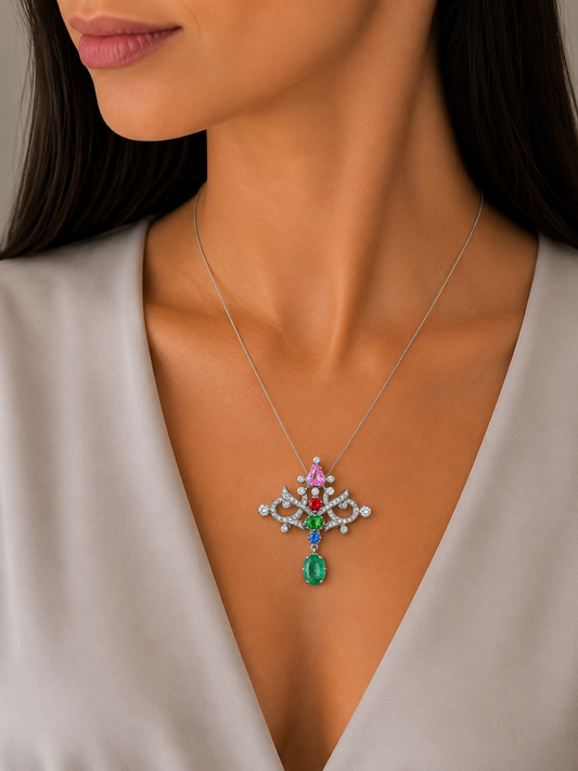 0.97 ct Oval Emerald with White and Mix Color Diamond Pendant in 18K Gold