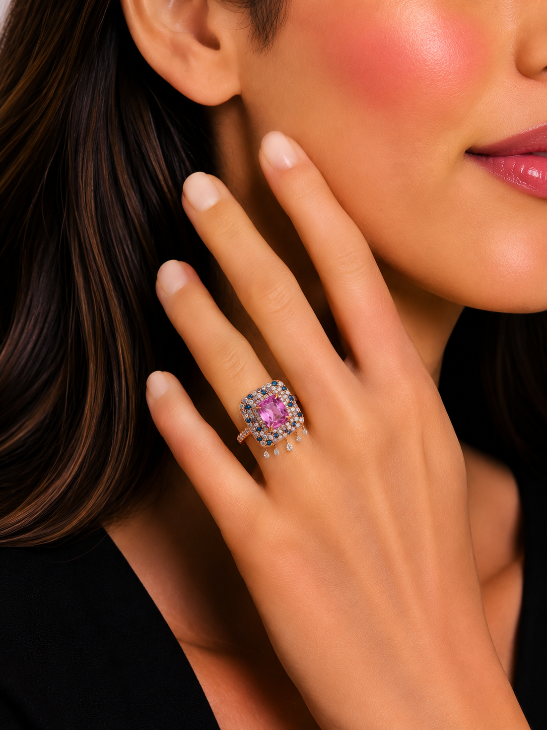 1.99 ct Oval Sapphire with White Pink and Blue Diamond Ring in 14K Gold