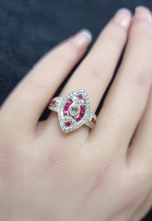 0.70 ct Oval Diamond with Princess Ruby Ring in 22K Gold