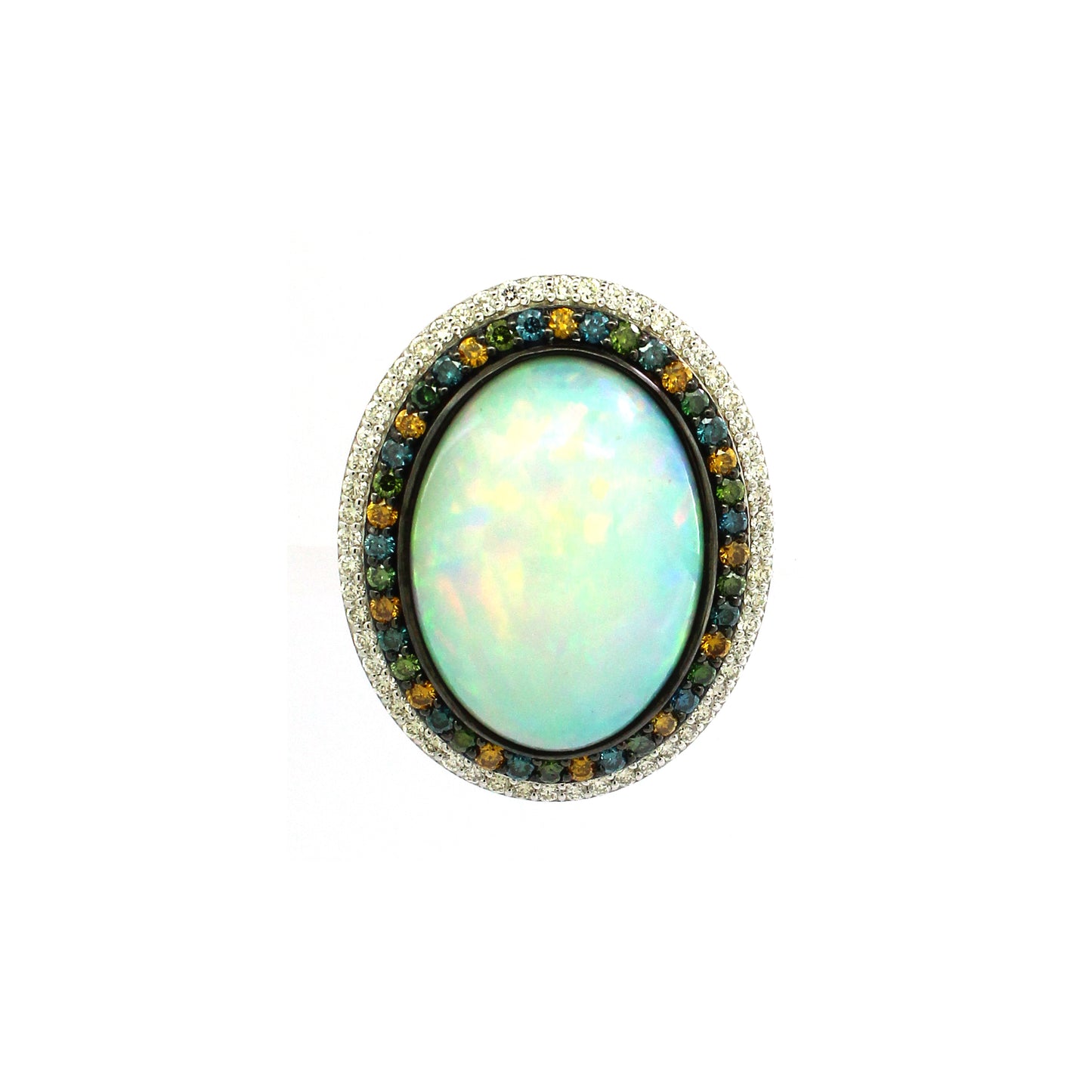 1.44 ct Oval Opal with White Blue and Brunt Orange Diamond Ring in 18K Gold