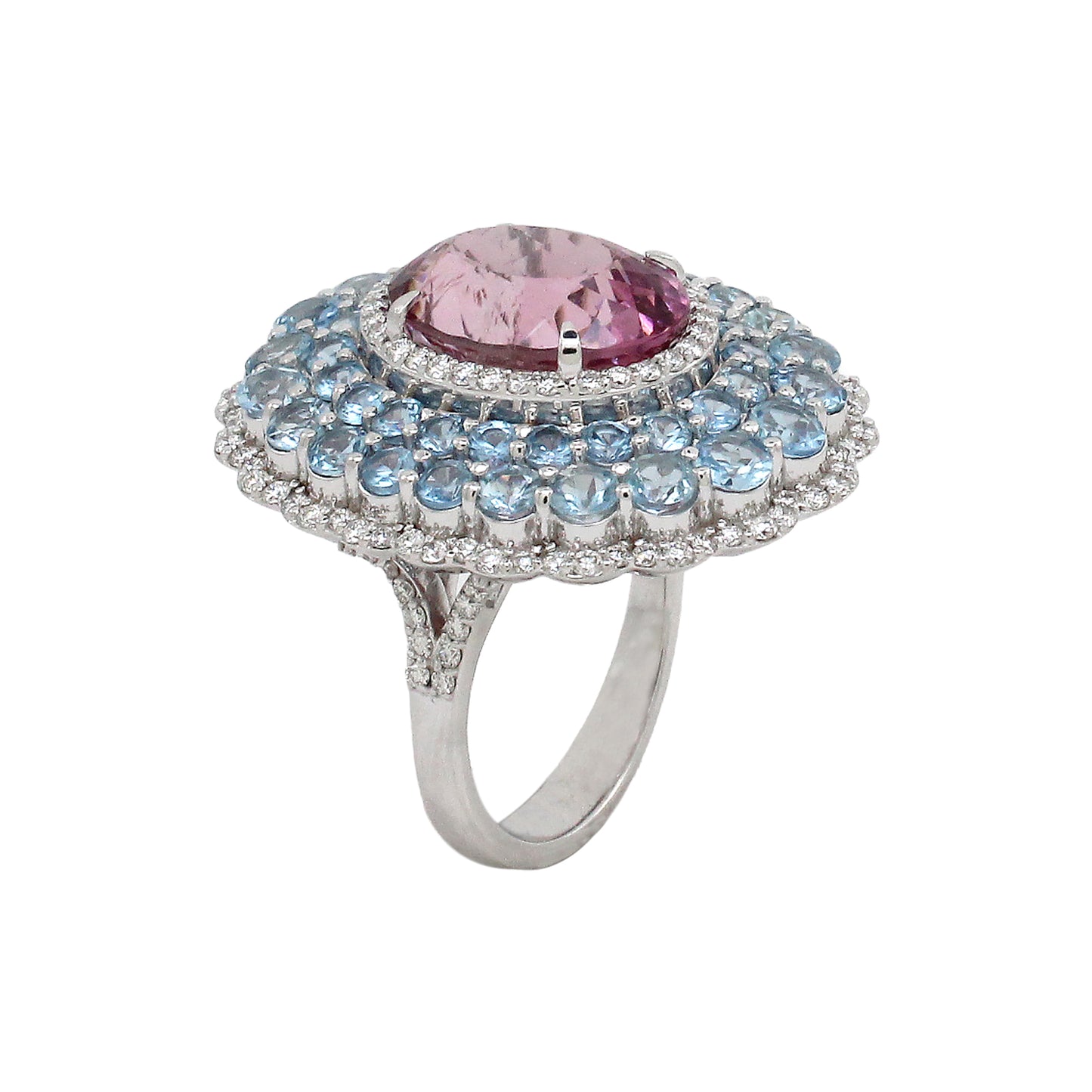 0.79 ct Oval Tourmaline with Aquamarine and White Diamond Ring in 18K Gold