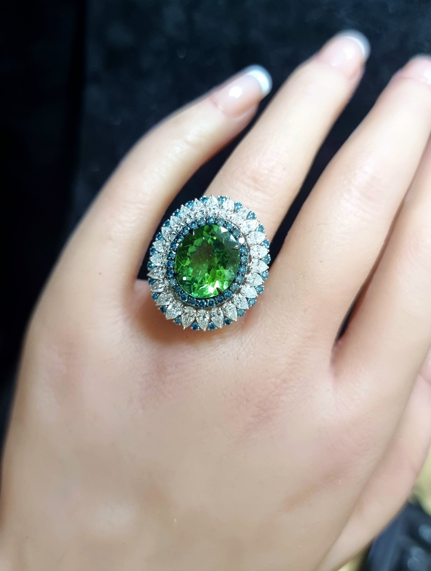 1.05 ct Oval Tourmaline with White and Blue Diamond Ring in 18K Gold