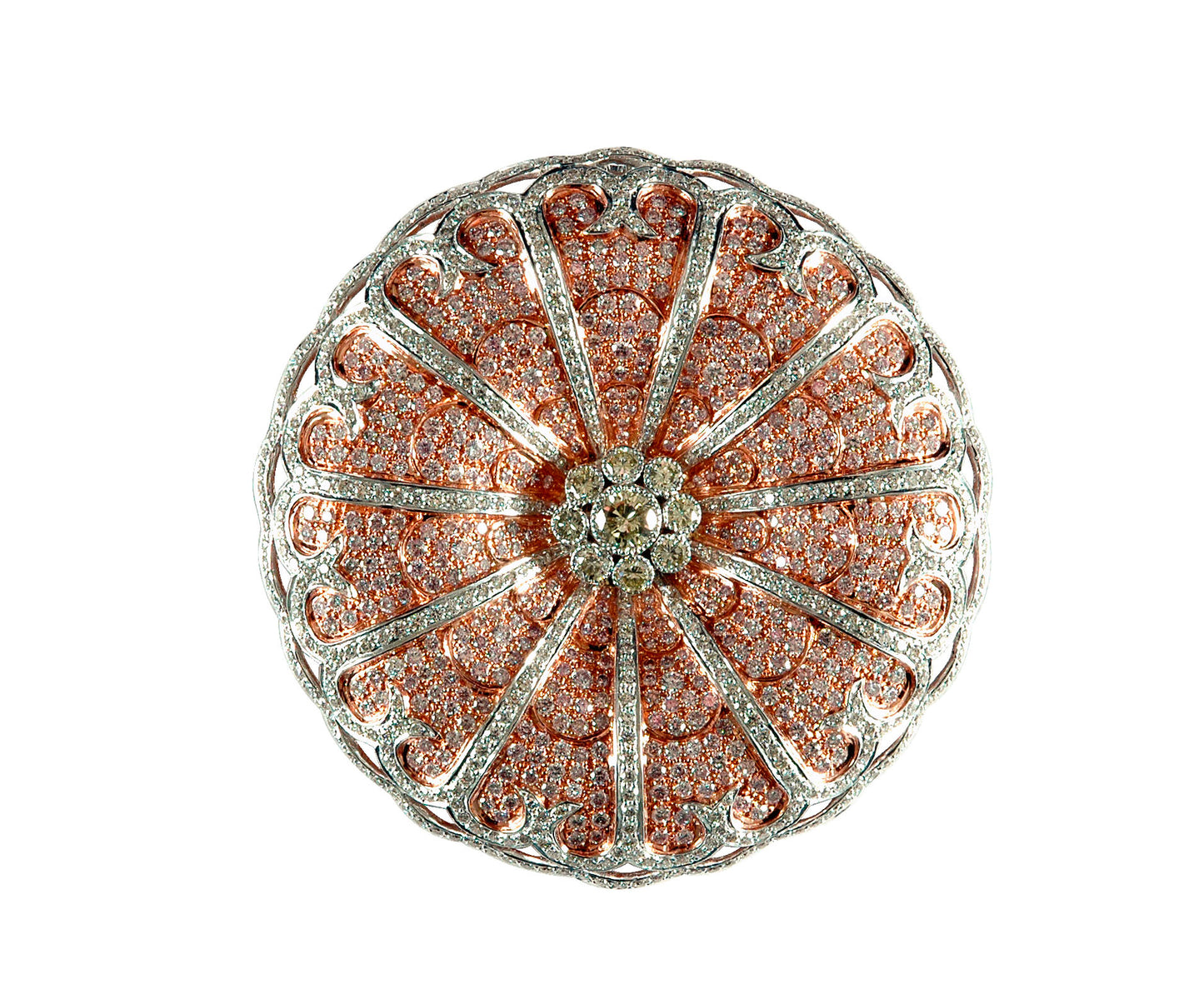17.03 ct Oldmine Cut Diamond with White and Pink Diamond Brooch in 18K Gold