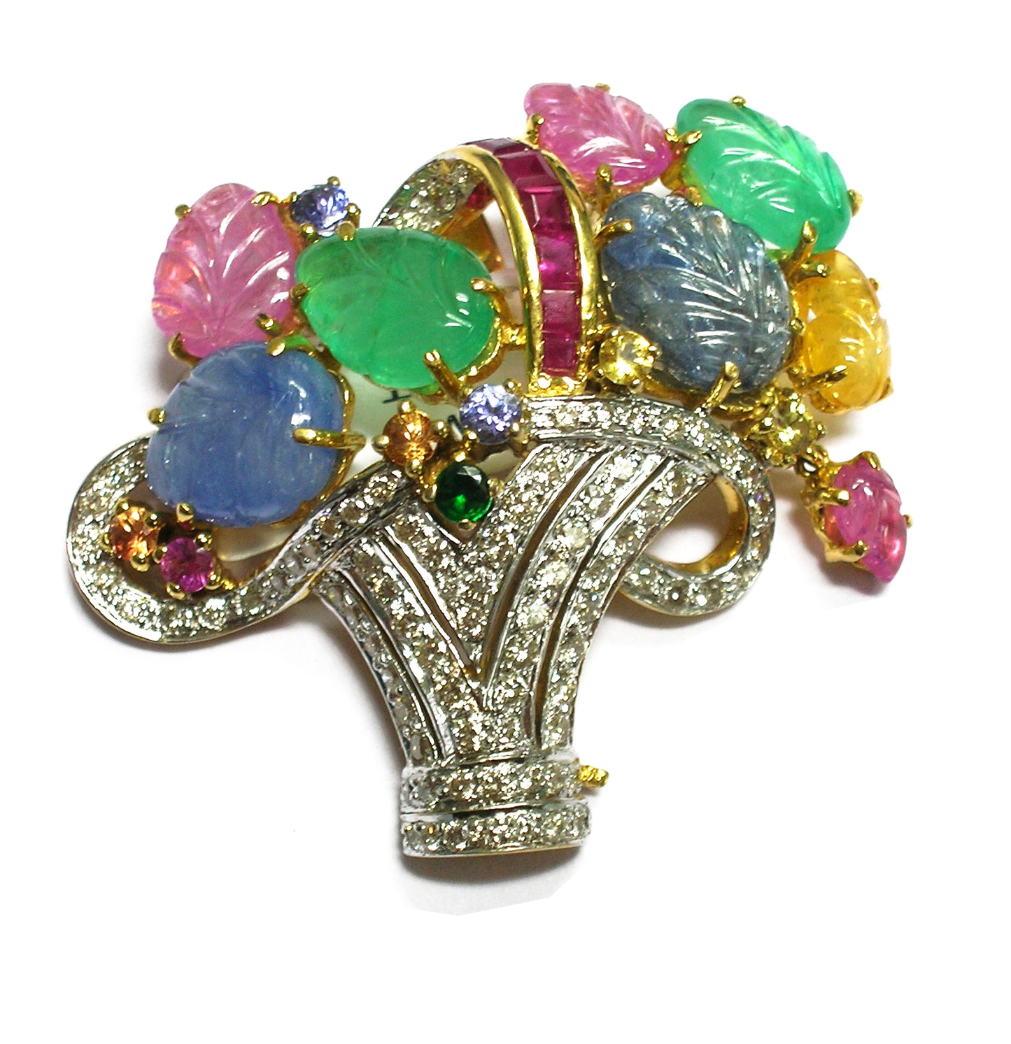 1.12 ct Leaf Mix Color Diamond with White Diamond Brooch in 18K Gold