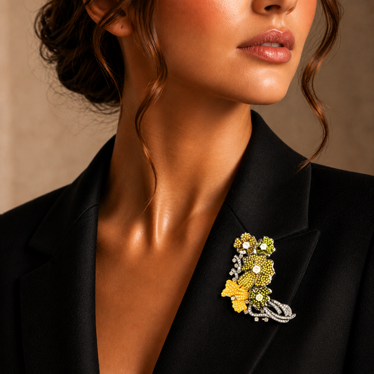 6.03 ct Round Mix Color Diamond Brooch in 18K Gold