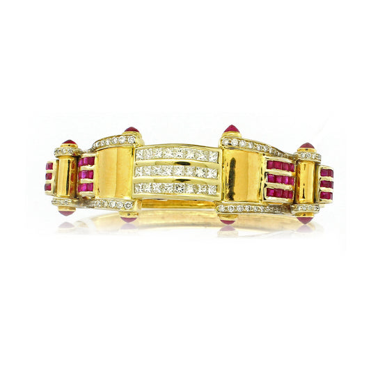 18K Gold White Diamond Ruby Geometric Bangle