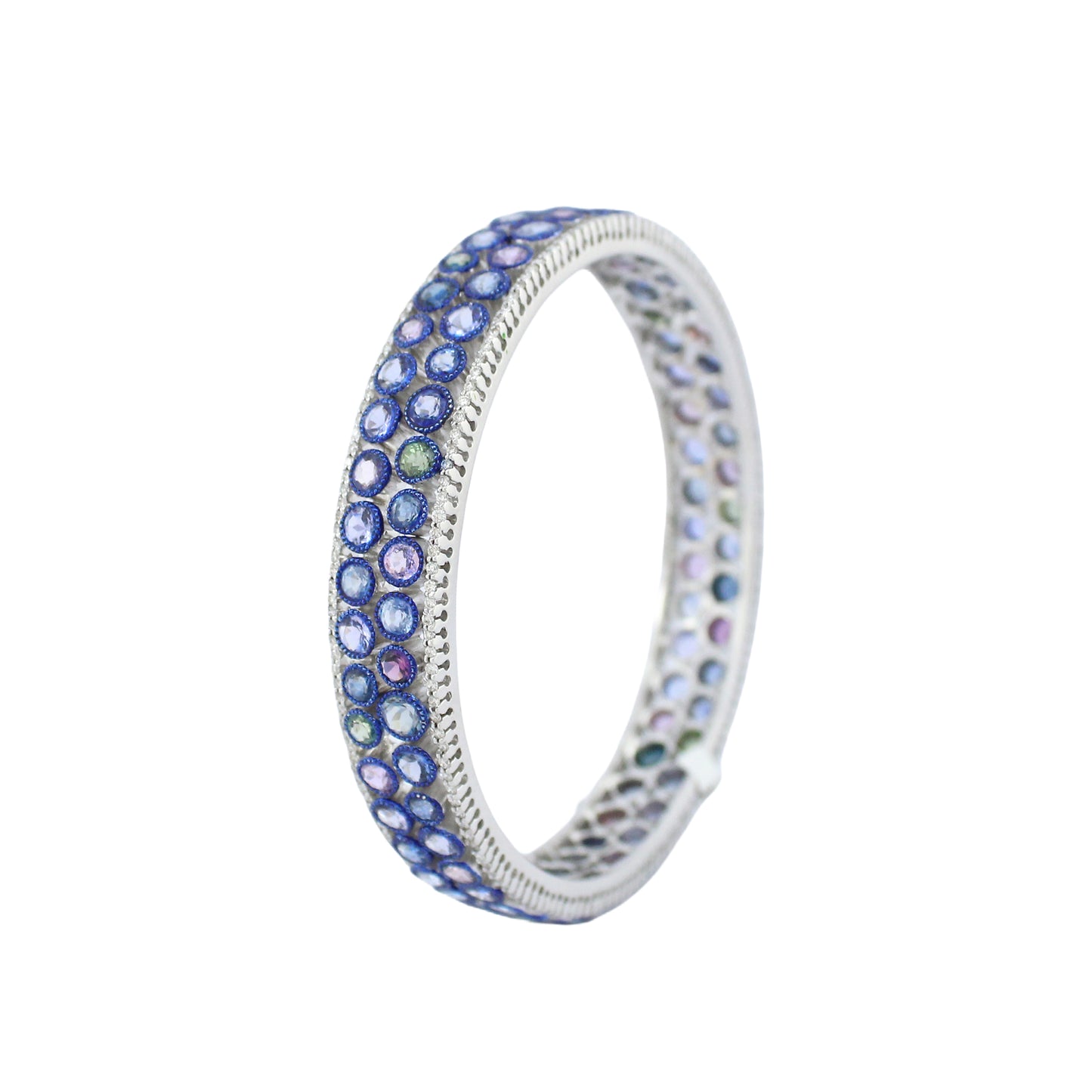 18K White Gold Multi color round  Sapphire Bangle