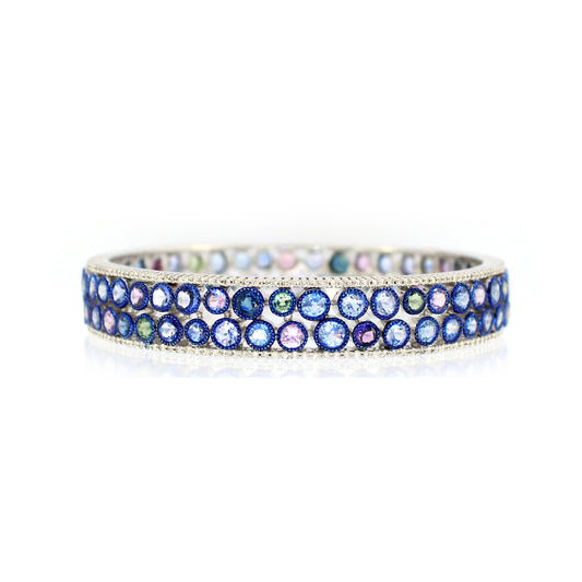 18K White Gold Multi color round  Sapphire Bangle