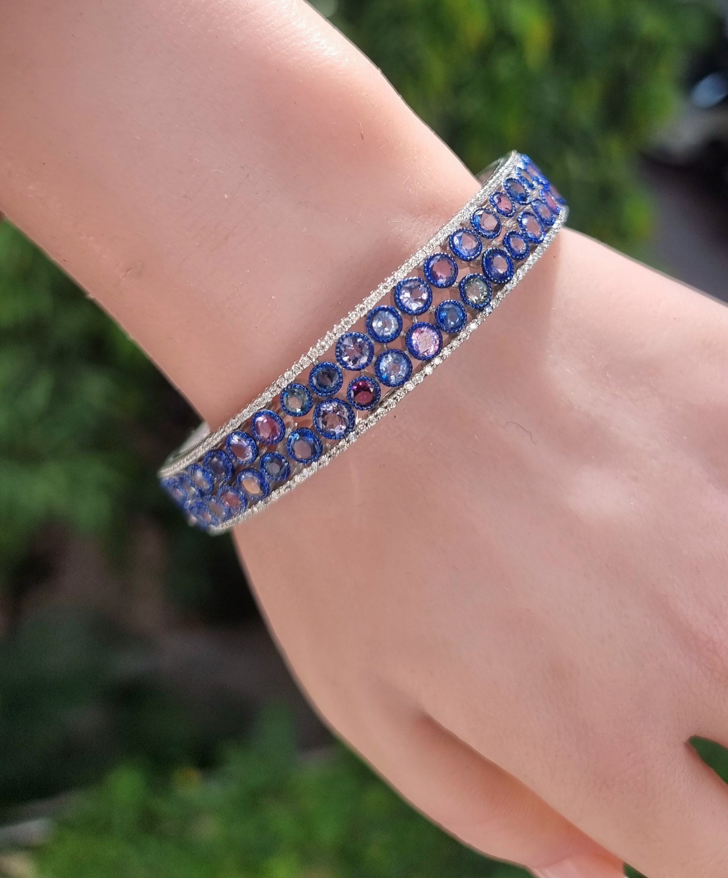 18K White Gold Multi color round  Sapphire Bangle